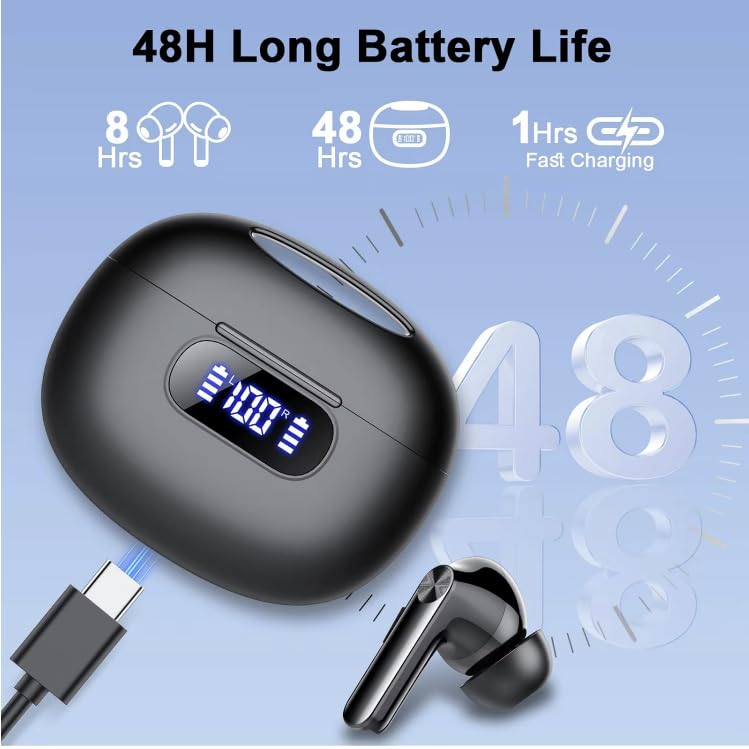 Wireless Earbuds, Bluetooth 6.0, Wireless Headphones, LED Digital Battery Display, IPX7 Waterproof in Ear Headphones, 56-Hour Playtime, 200 Hr Standby,Type-C Charging, Smart Touch Controls.