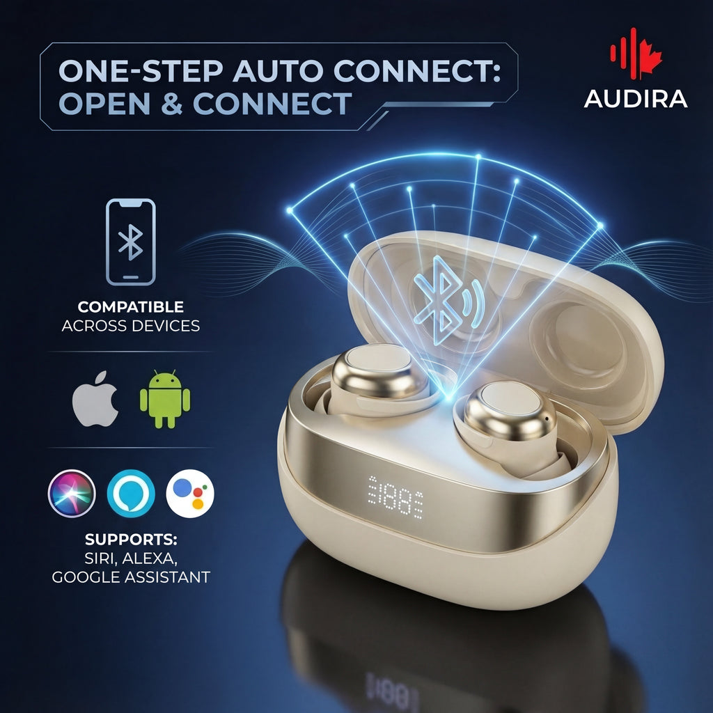 AUDIRA Wireless Bluetooth Sleep Earbuds, Bluetooth 5.4, in-Ear Headphones, IPX-4 Waterproof, Touch Control, 5-10 Hours Battery Life, Digital Display, Type-C Charging (Beige)