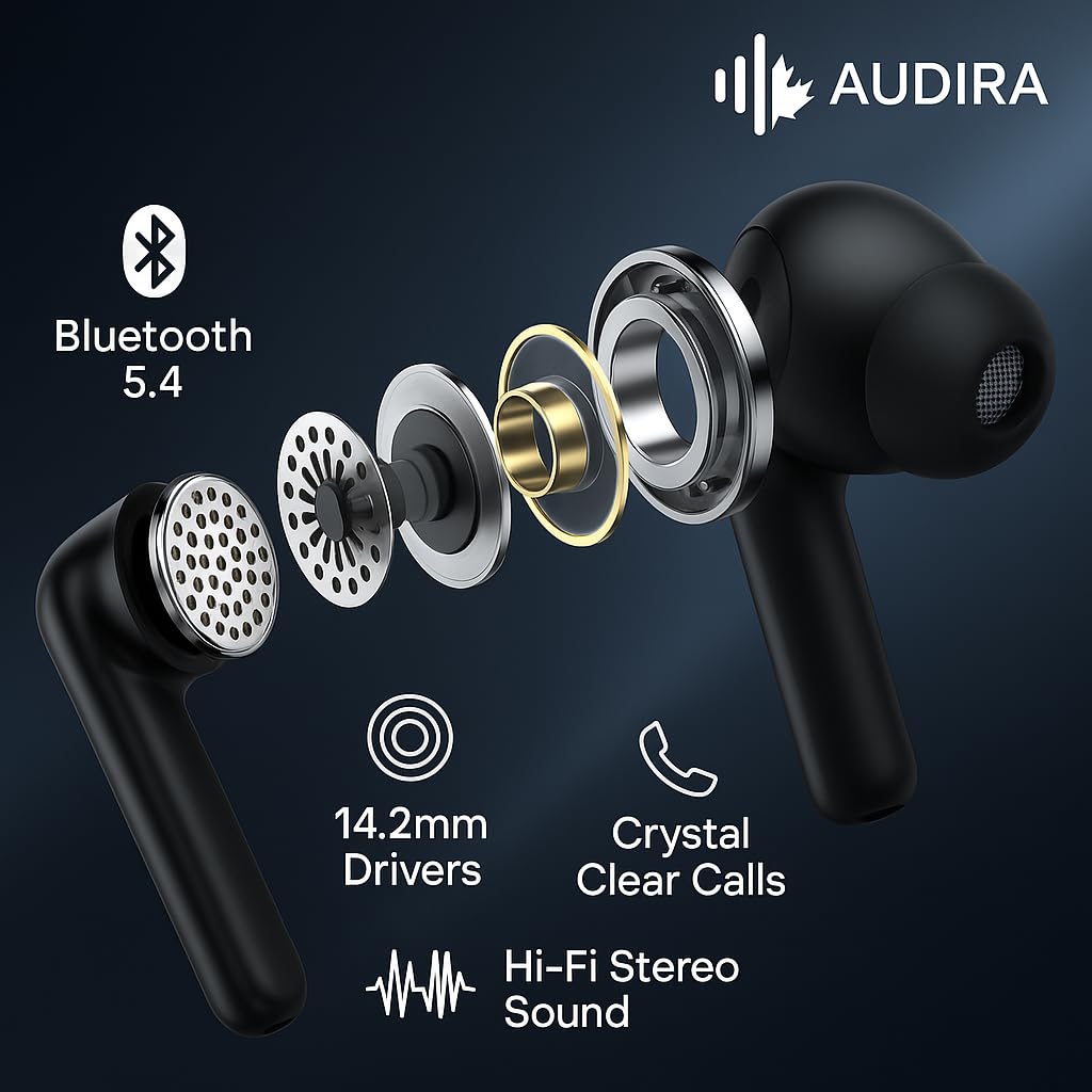 Audira ANC/ENC LED Full-Color Touch Screen Wireless Earbuds, Bluetooth 5.4, 32Ω Impedance, 20Hz-20KHz Response, 38dB Sensitivity
