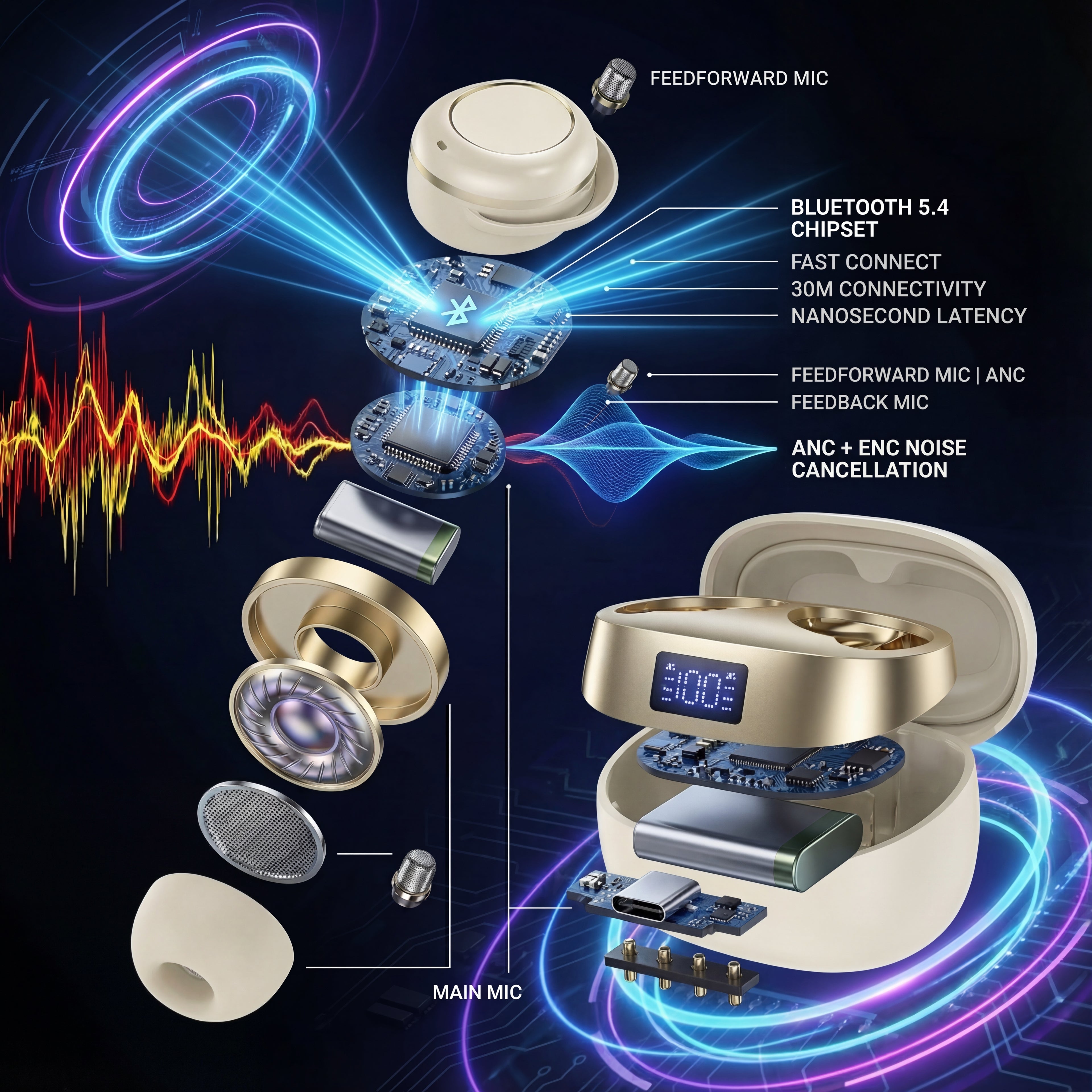 AUDIRA Wireless Bluetooth Sleep Earbuds, Bluetooth 5.4, in-Ear Headphones, IPX-4 Waterproof, Touch Control, 5-10 Hours Battery Life, Digital Display, Type-C Charging (Beige)