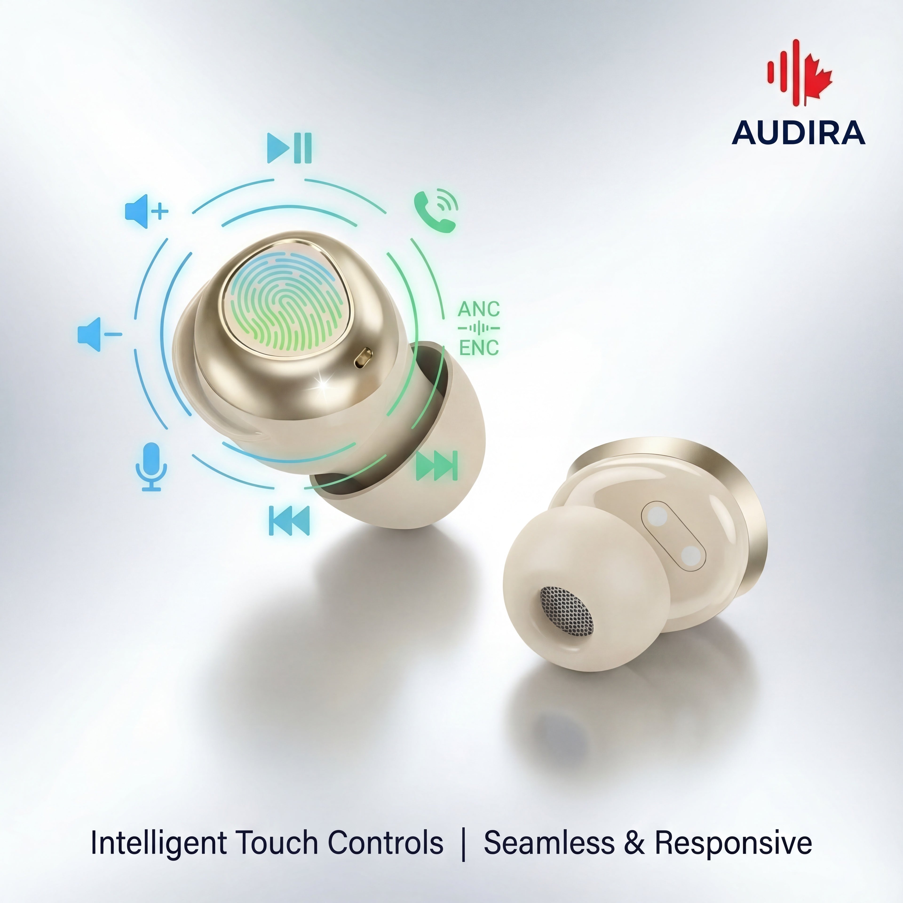 AUDIRA Wireless Bluetooth Sleep Earbuds, Bluetooth 5.4, in-Ear Headphones, IPX-4 Waterproof, Touch Control, 5-10 Hours Battery Life, Digital Display, Type-C Charging (Beige)