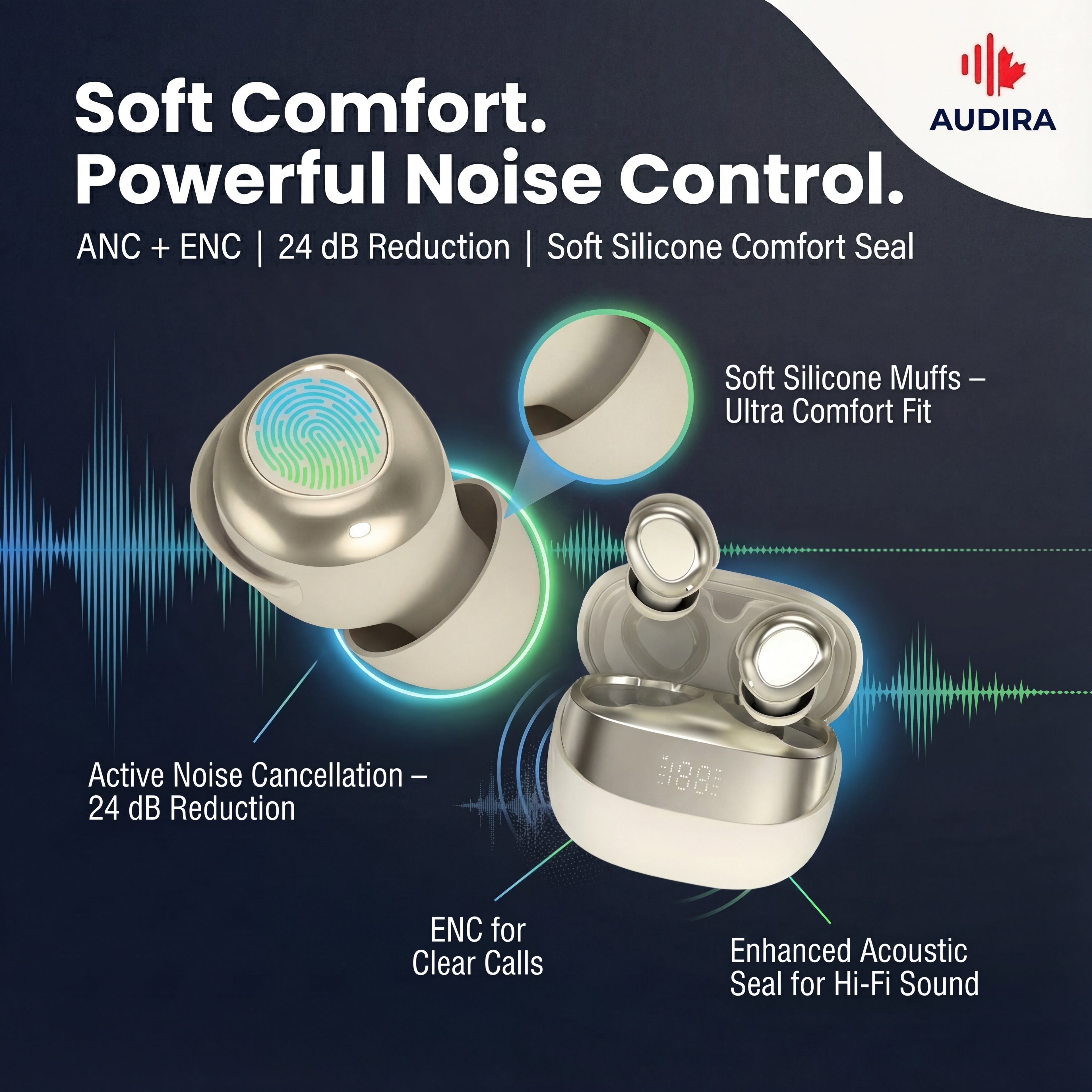 AUDIRA Wireless Bluetooth Sleep Earbuds, Bluetooth 5.4, in-Ear Headphones, IPX-4 Waterproof, Touch Control, 5-10 Hours Battery Life, Digital Display, Type-C Charging (Beige)