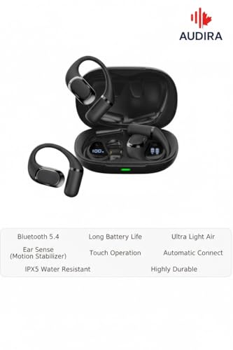 Audira ENC Noise-Canceling Bluetooth 5.4 Headphones, Hanging-Ear Wireless Earbuds with HD Display, Low-Latency Gaming Mode, Waterproof Sports TWS Earphones with Mic, 55H Battery Life