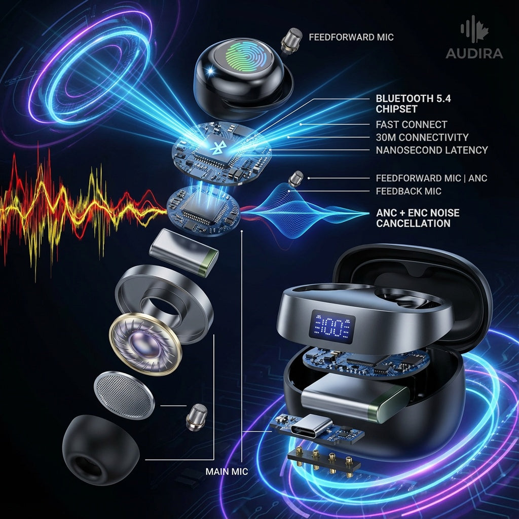 AUDIRA Wireless Bluetooth Sleep Earbuds, Bluetooth 5.4, in-Ear Headphones, IPX-4 Waterproof, Touch Control, 5-10 Hours Battery Life, Digital Display, Type-C Charging (Black)