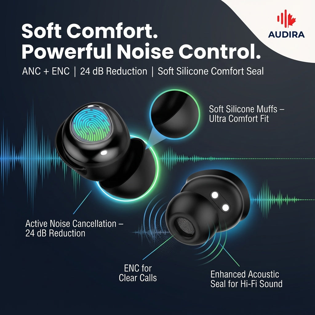 AUDIRA Wireless Bluetooth Sleep Earbuds, Bluetooth 5.4, in-Ear Headphones, IPX-4 Waterproof, Touch Control, 5-10 Hours Battery Life, Digital Display, Type-C Charging (Black)