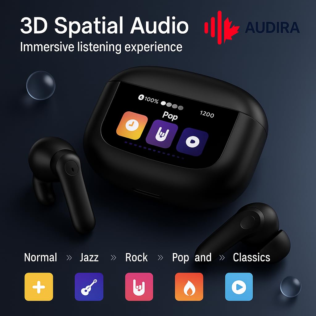 Audira ANC/ENC LED Full-Color Touch Screen Wireless Earbuds, Bluetooth 5.4, 32Ω Impedance, 20Hz-20KHz Response, 38dB Sensitivity