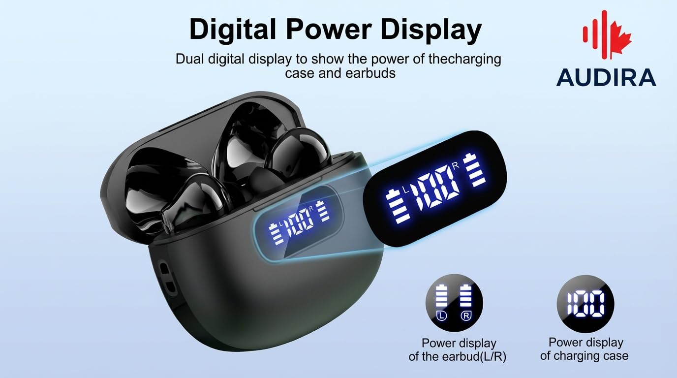 Wireless Earbuds, Bluetooth 6.0, Wireless Headphones, LED Digital Battery Display, IPX7 Waterproof in Ear Headphones, 56-Hour Playtime, 200 Hr Standby,Type-C Charging, Smart Touch Controls.