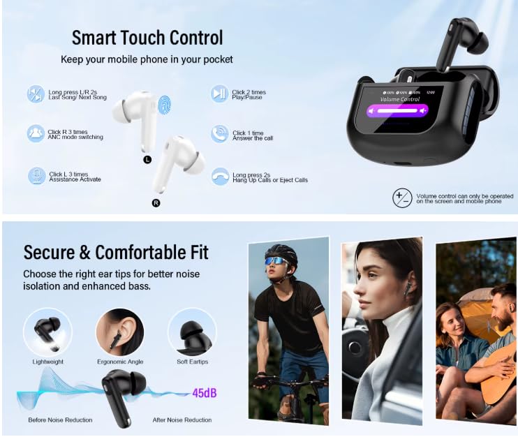 Audira ANC/ENC LED Full-Color Touch Screen Wireless Earbuds, Bluetooth 5.4, 32Ω Impedance, 20Hz-20KHz Response, 38dB Sensitivity