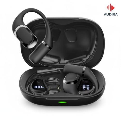 Audira ENC Noise-Canceling Bluetooth 5.4 Headphones, Hanging-Ear Wireless Earbuds with HD Display, Low-Latency Gaming Mode, Waterproof Sports TWS Earphones with Mic, 55H Battery Life