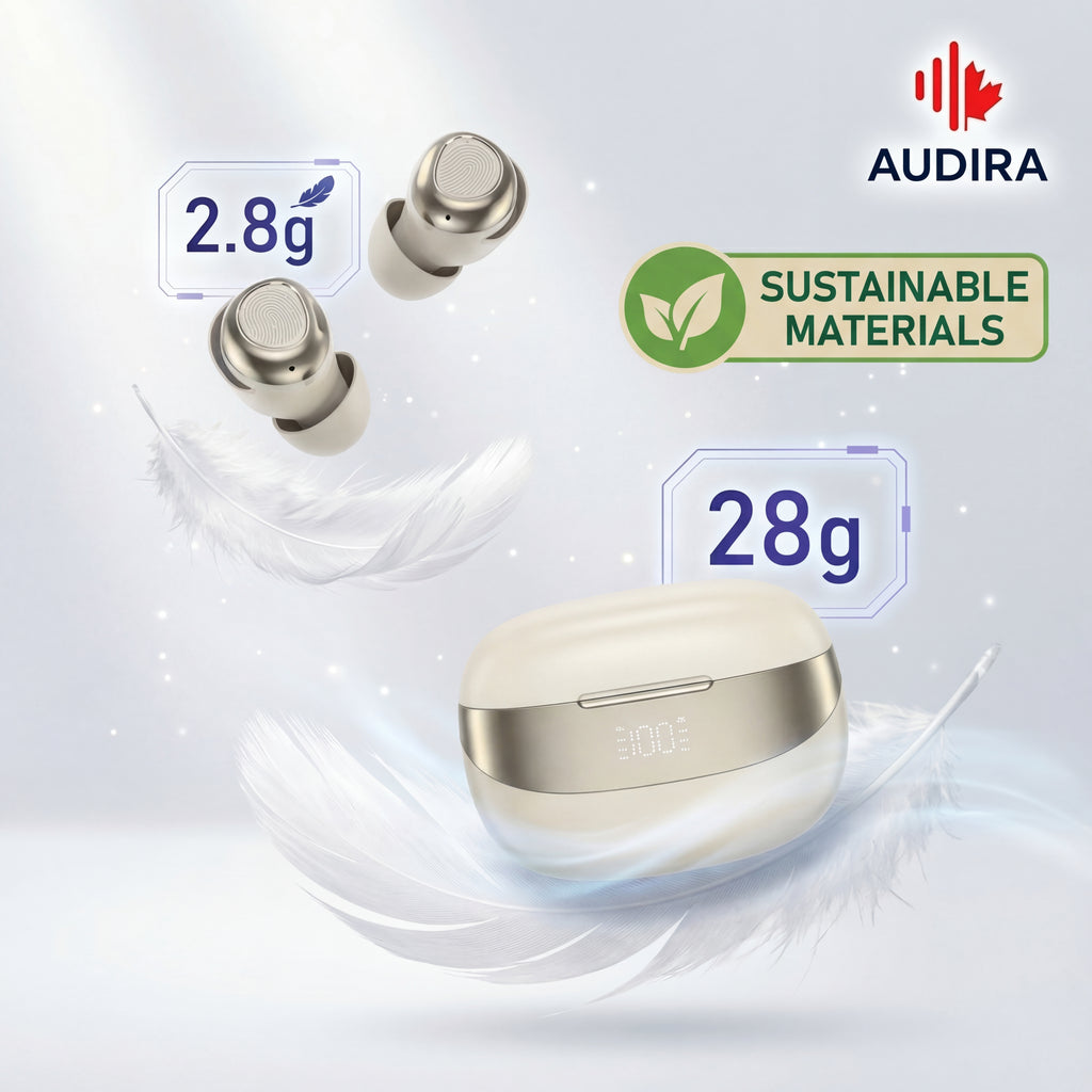 AUDIRA Wireless Bluetooth Sleep Earbuds, Bluetooth 5.4, in-Ear Headphones, IPX-4 Waterproof, Touch Control, 5-10 Hours Battery Life, Digital Display, Type-C Charging (Beige)